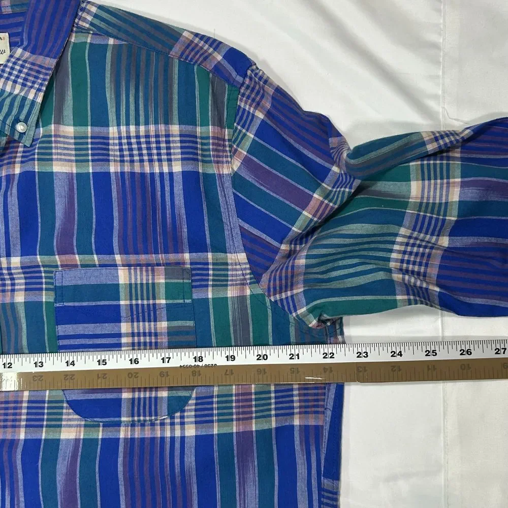 J.Crew Indian Madras Button-Down Plaid Shirt Blue Green Check Long Sleeve Mens L